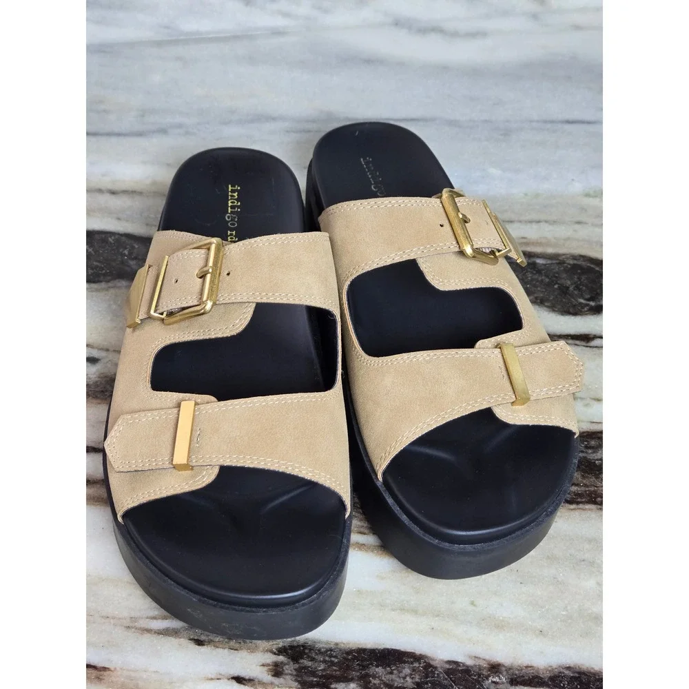Indigo rd. Womens Tan Faux Suede Double Buckle Platform Slide Sandals Size 9.5 M